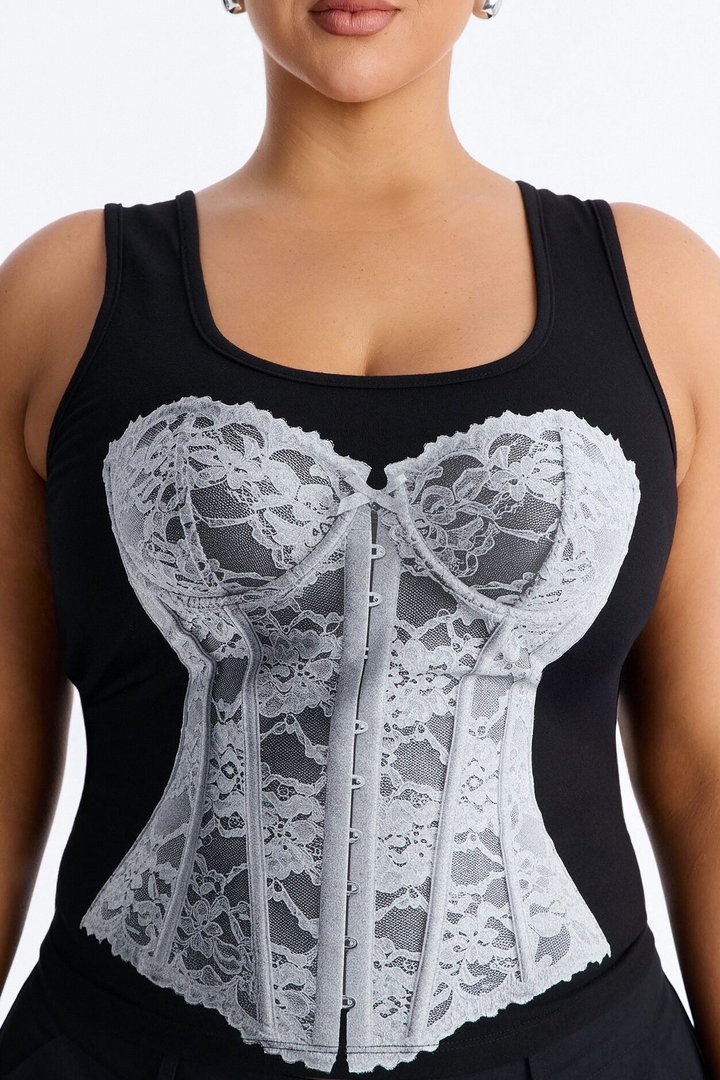 Lace Corset Graphic Tank - Black