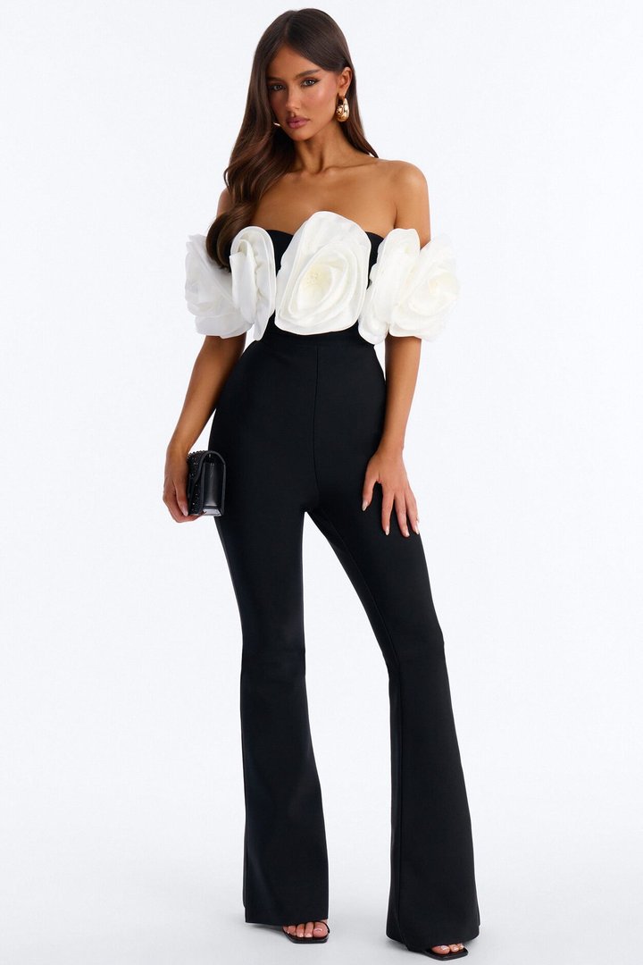 Elizabeth Bandage Floral Flare Jumpsuit - Black/White