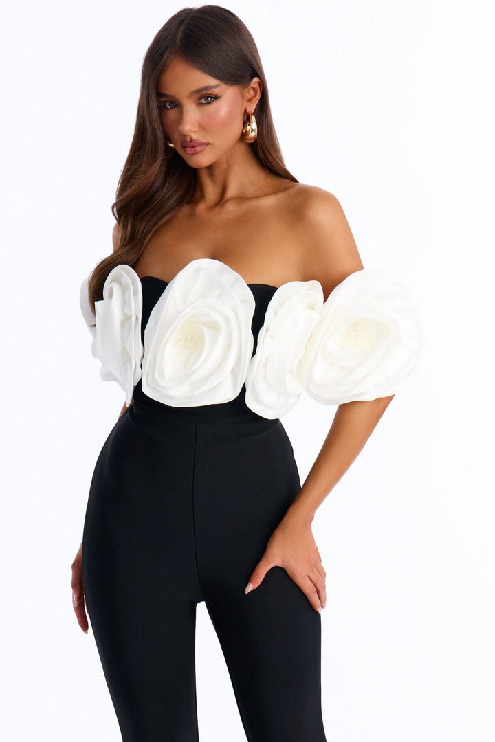 Elizabeth Bandage Floral Flare Jumpsuit - Black/White