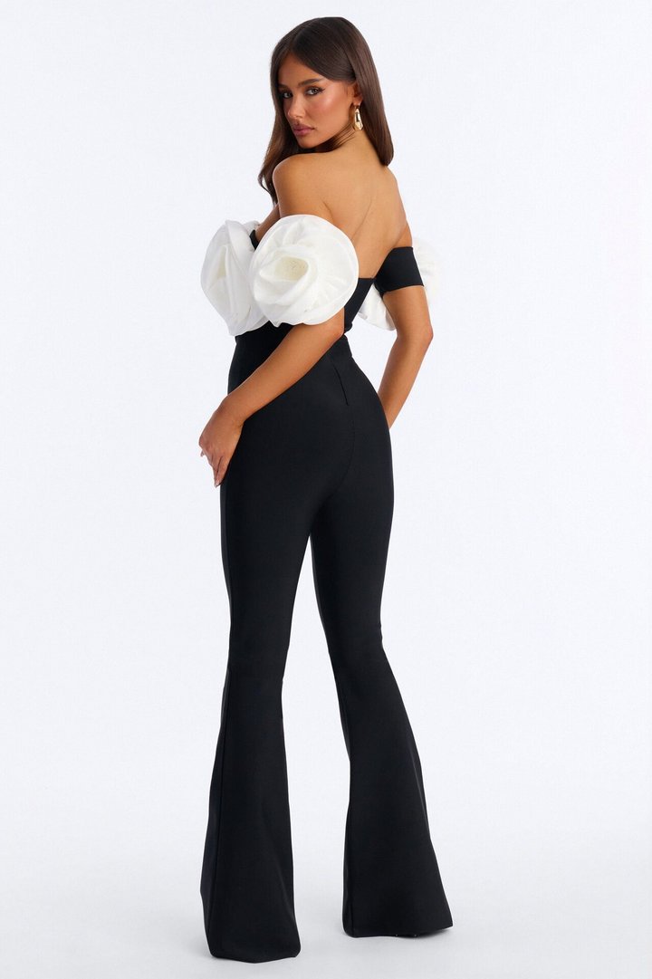 Elizabeth Bandage Floral Flare Jumpsuit - Black/White