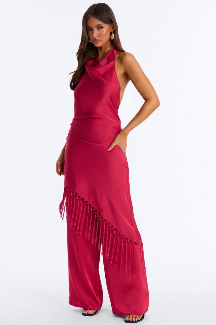 Avara Fringe Halter Pant Set - Red