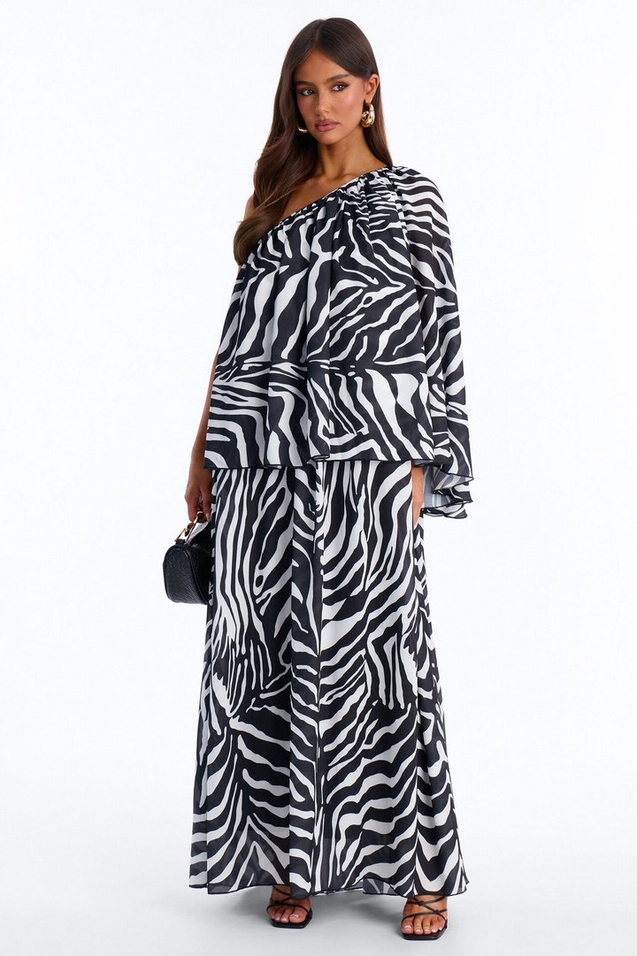 Corine One Shoulder Chiffon Maxi Dress - Black/White