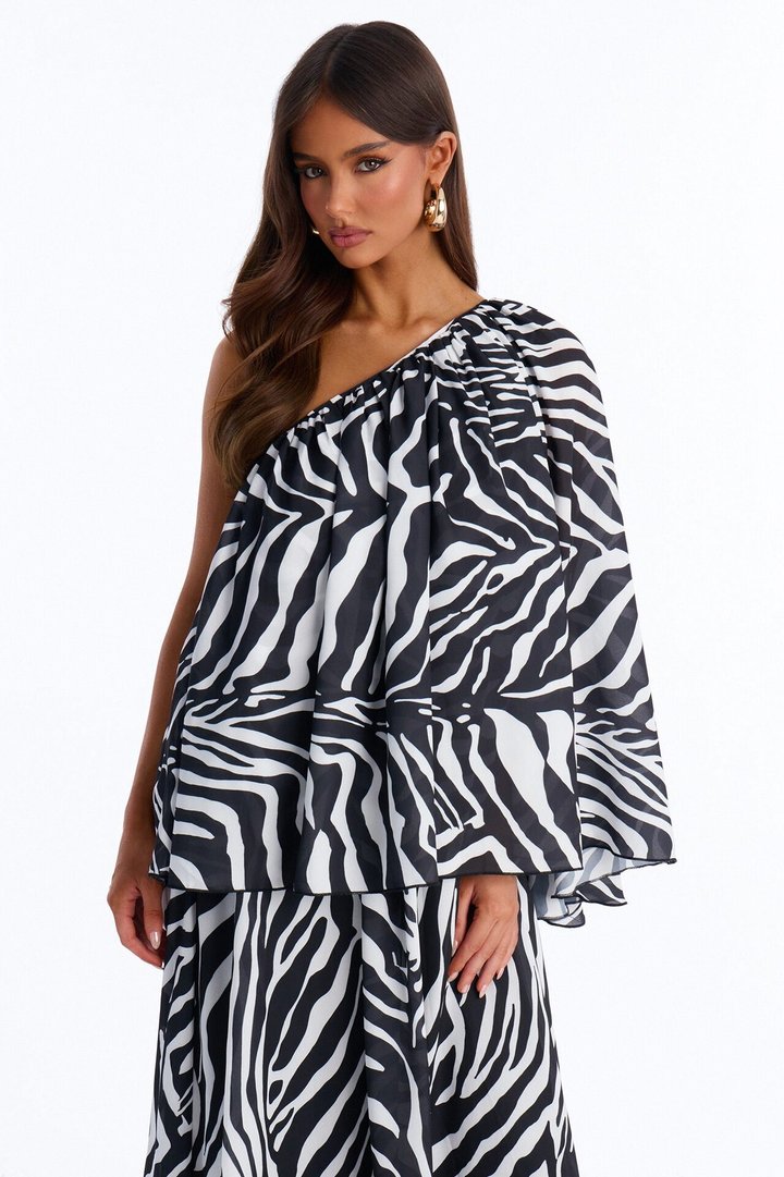 Corine One Shoulder Chiffon Maxi Dress - Black/White
