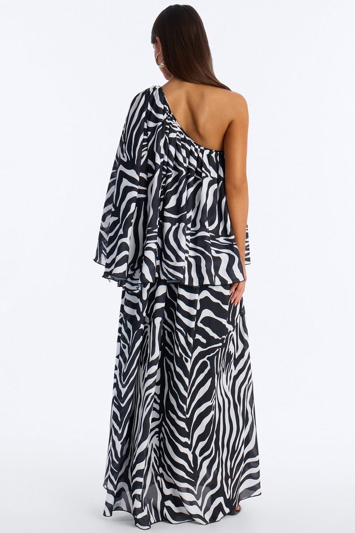 Corine One Shoulder Chiffon Maxi Dress - Black/White