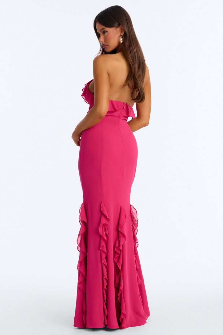 Carmen Ruffle Chiffon Maxi Dress - Hot Pink