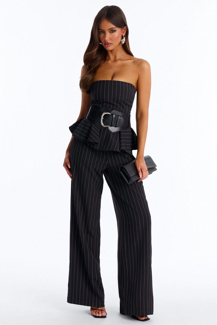 Jessa Pinstripe Belted Wide Leg - Black