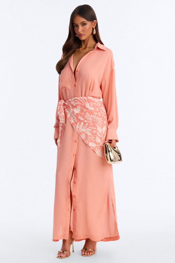 Kaylah Scarf Waist Shirt Maxi Dress - Peach/combo