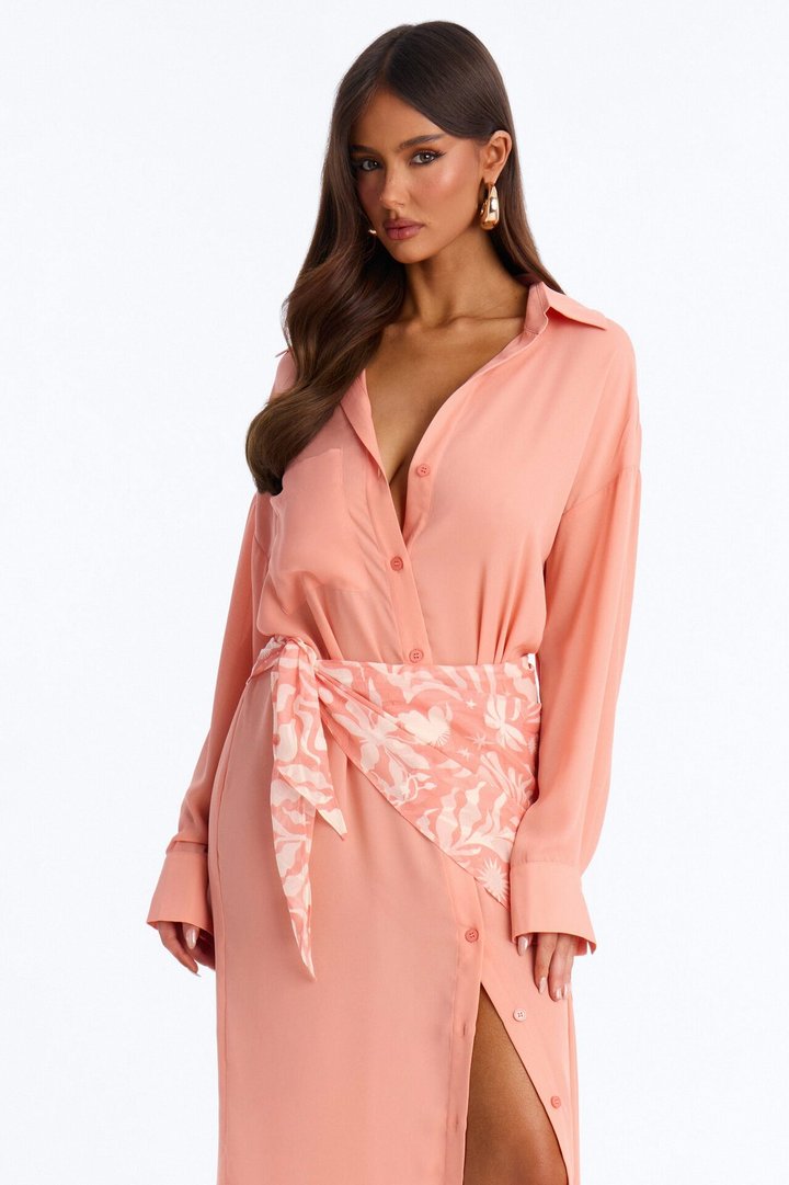 Kaylah Scarf Waist Shirt Maxi Dress - Peach/combo