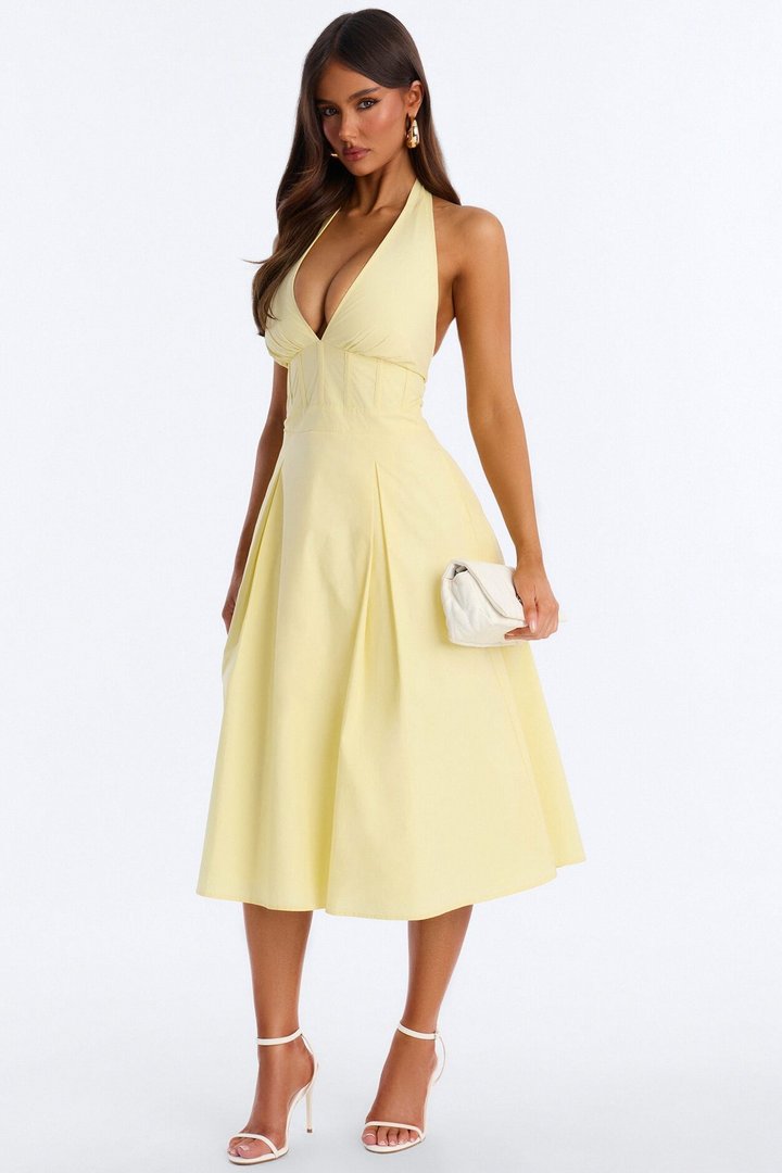 Aleah Halter Corset Midi Dress - Yellow