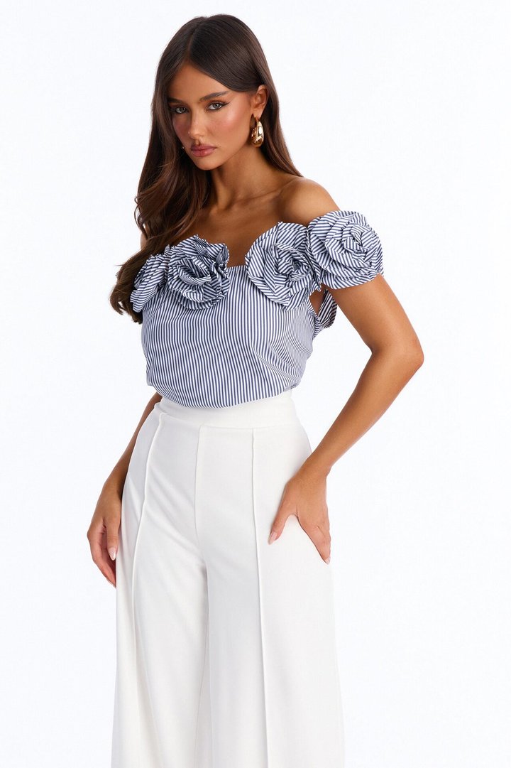 Lilli Striped Off Shoulder Wide Leg Jumpsuit - Blue/combo