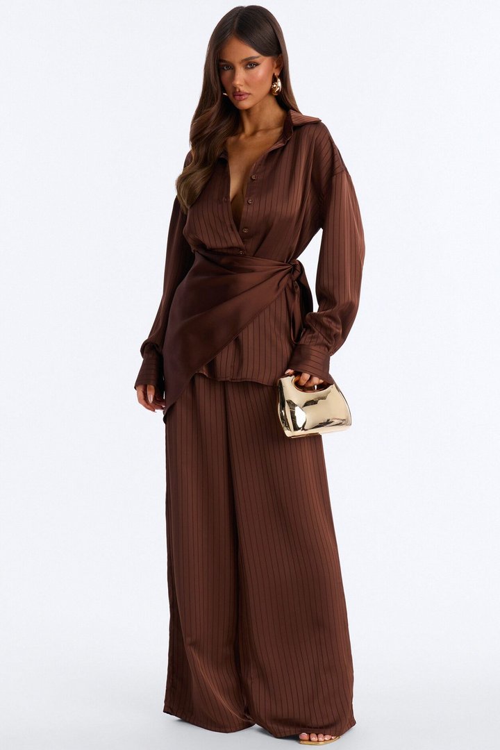 Lana Satin 3 Piece Scarf Pant Set - Chocolate