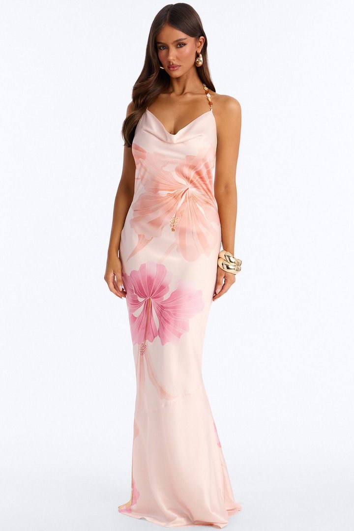 Sunkissed Dreams Backless Satin Maxi Dress - Peach/combo