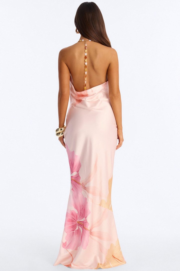 Sunkissed Dreams Backless Satin Maxi Dress - Peach/combo