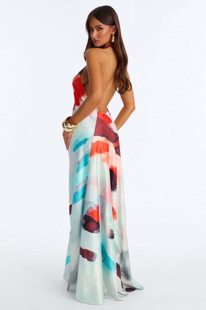 Coastal Vibe Backless Satin Maxi Dress - Red/combo