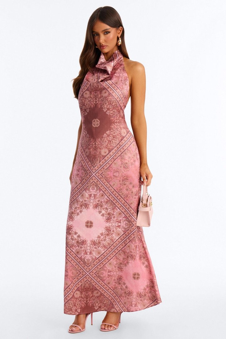 Daniella Satin Cowl Maxi Dress - Pink/combo
