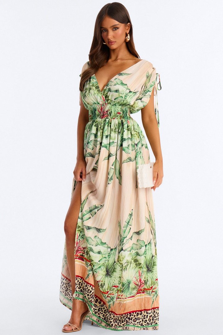 Sasha Tropical Linen Maxi Dress - Green/combo