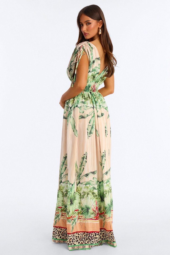 Sasha Tropical Linen Maxi Dress - Green/combo