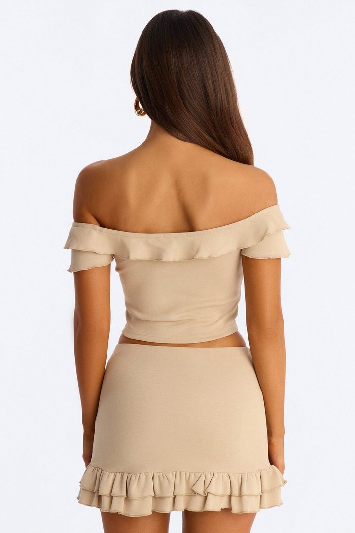 Ruffled Up Off Shoulder Skirt Set - Taupe