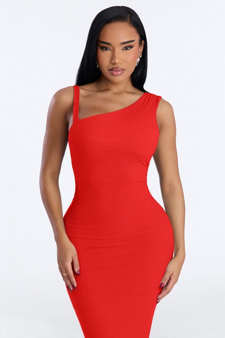 Adria Ribbed Midi Dress - Red