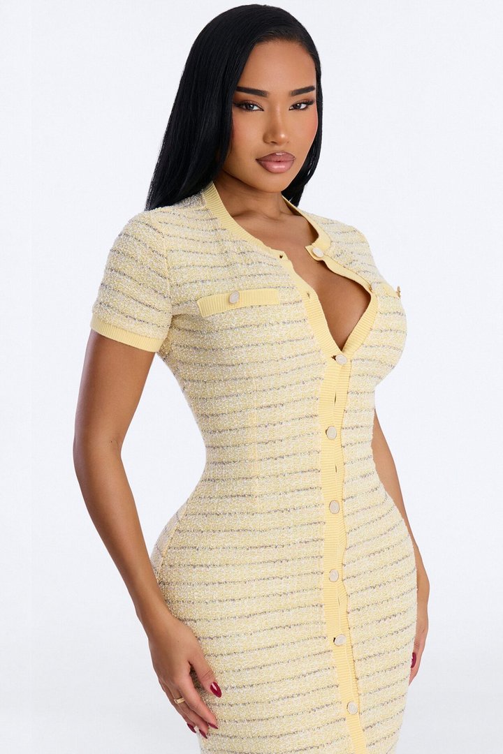 Kelsey Button Up Tweed Midi Dress - Yellow