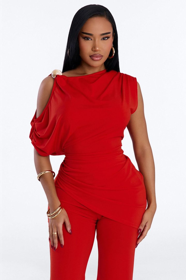 Victoria Asymmetrical Pant Set - Tomato Red