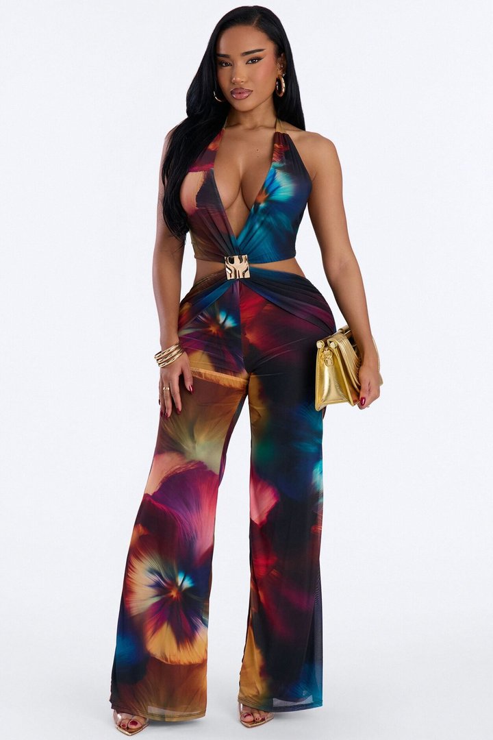 Bria Backless Mesh Cut Out Jumpsuit - Multi Color