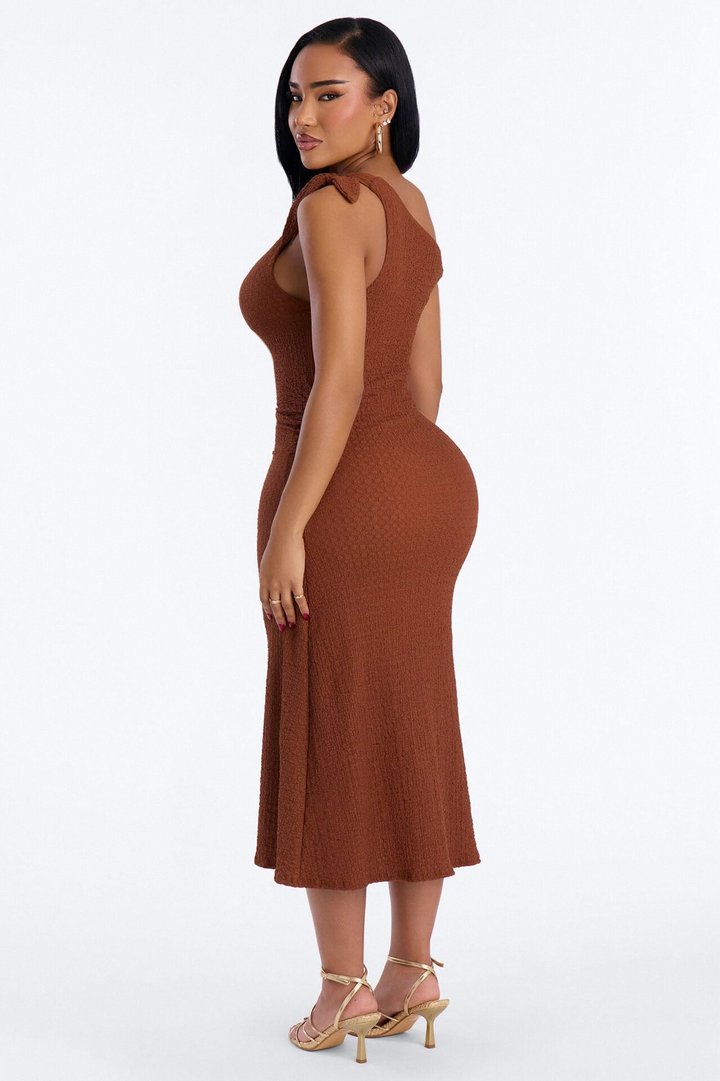 Crystal One Shoulder Textured Midi Dress - Chocolate