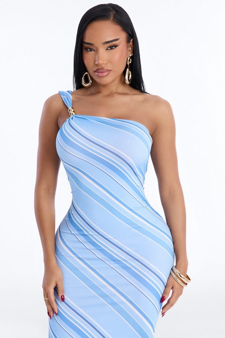 Gracelyn Asymmetrical Striped Midi Dress - Blue