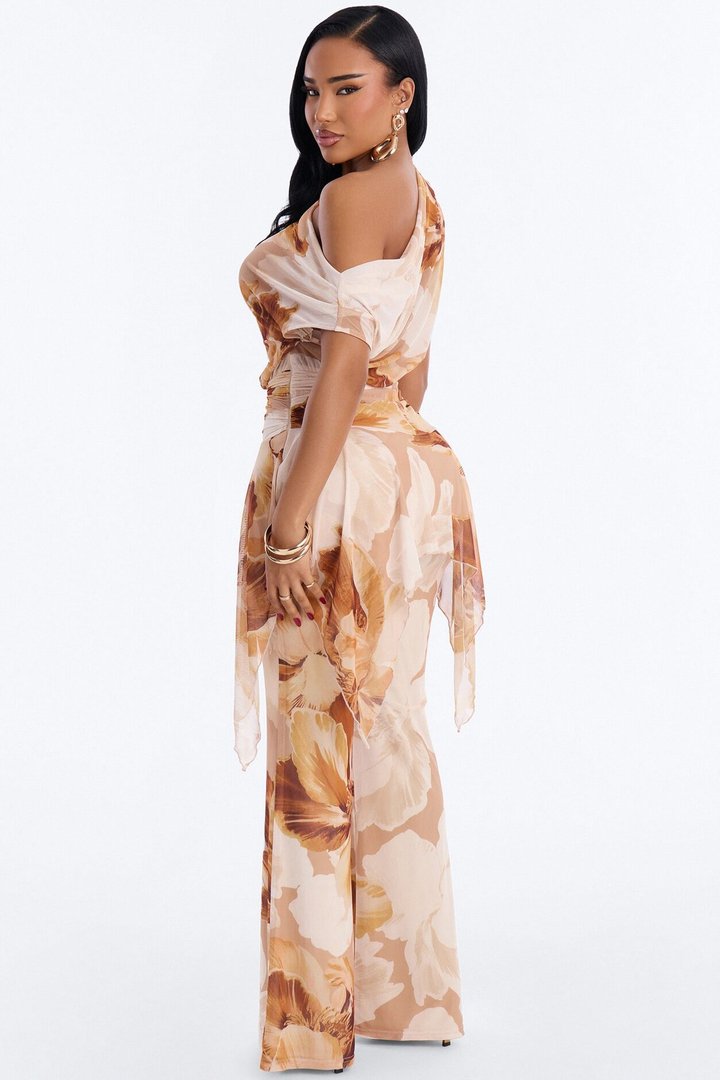 Syndi Mesh Draped Jumpsuit - Orange/combo