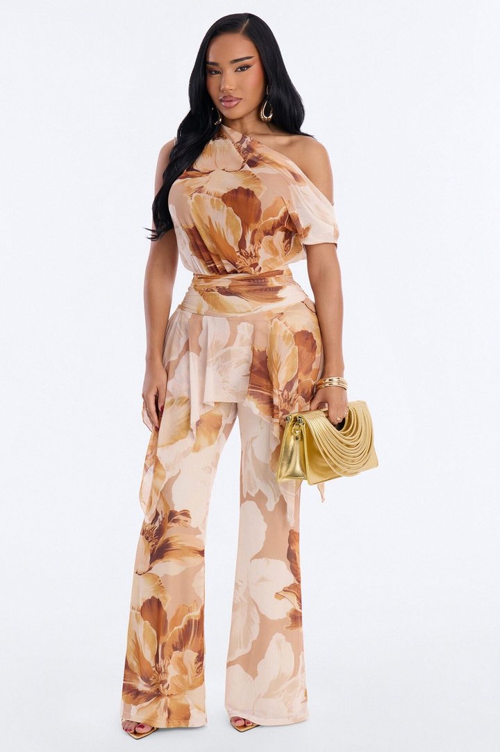 Syndi Mesh Draped Jumpsuit - Orange/combo