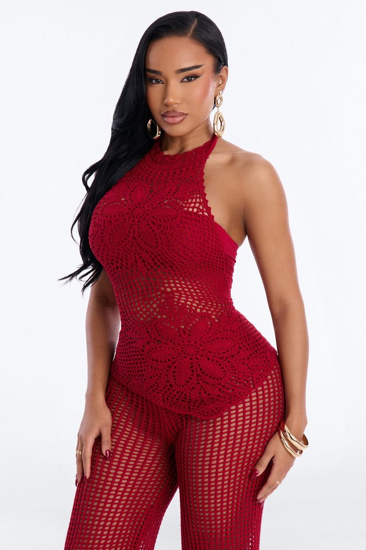 Laguna Crochet 4 Piece Pant Set - DarkRed