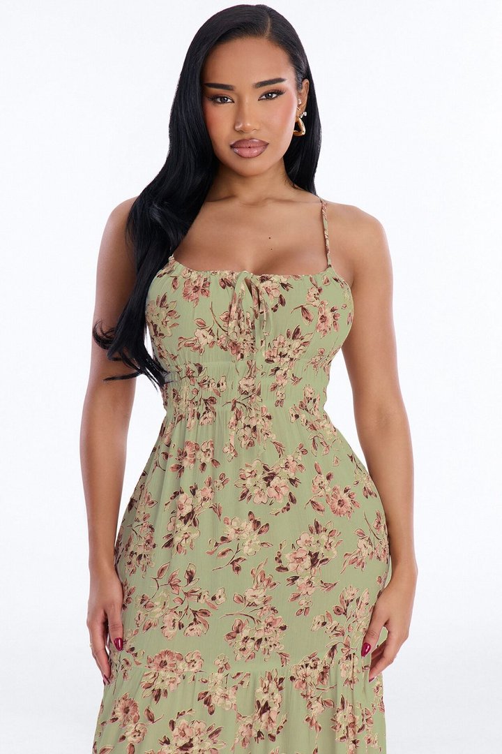 Anneliese Floral Rayon Midi Dress - Olive