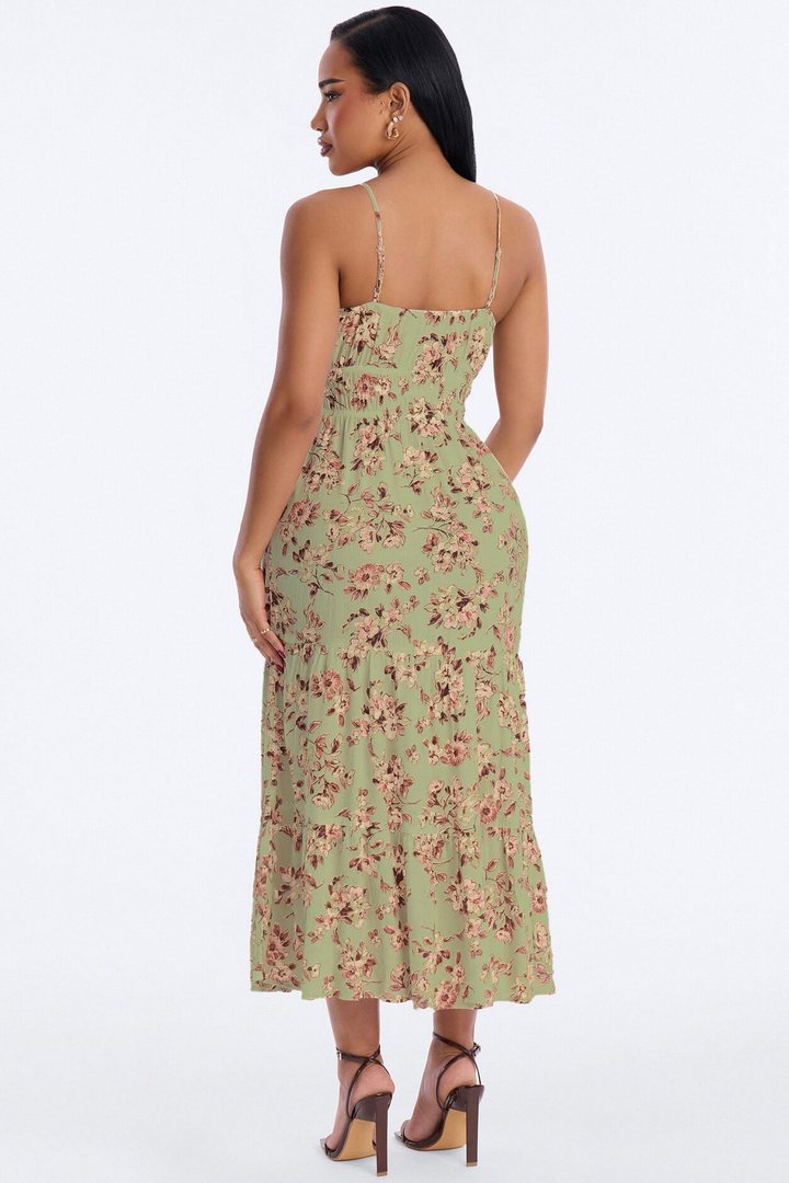 Anneliese Floral Rayon Midi Dress - Olive