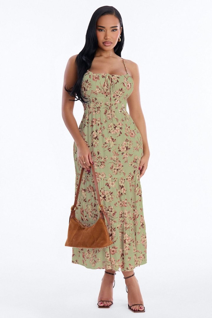 Anneliese Floral Rayon Midi Dress - Olive