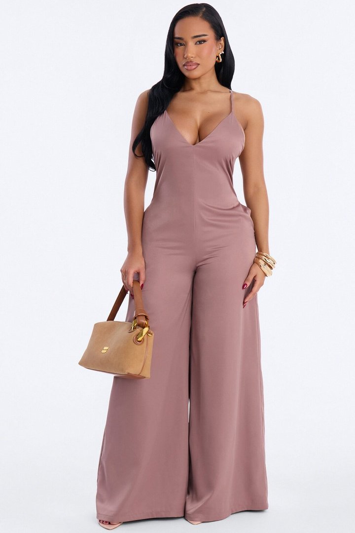 Coco Satin Wide Leg Jumpsuit - Taupe