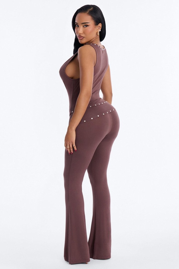 Anette Studded Flare Pant Set - Brown