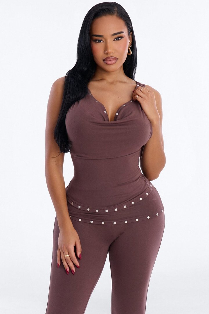 Anette Studded Flare Pant Set - Brown