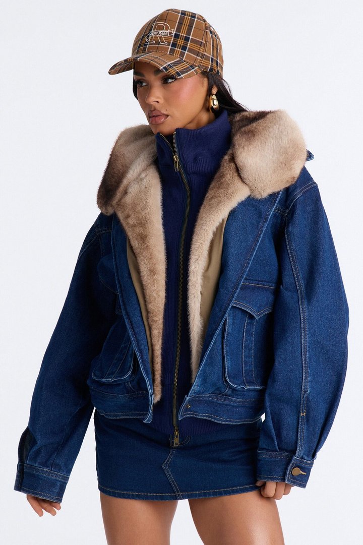 Aspen Baby Faux Fur Denim Jacket - Medium Wash