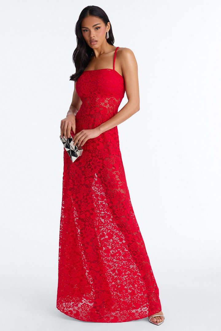 Jaylin Sheer Lace Maxi Dress - Red