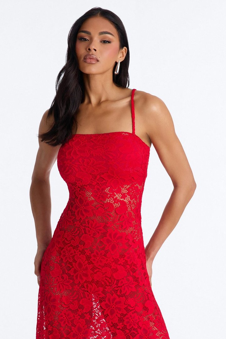 Jaylin Sheer Lace Maxi Dress - Red