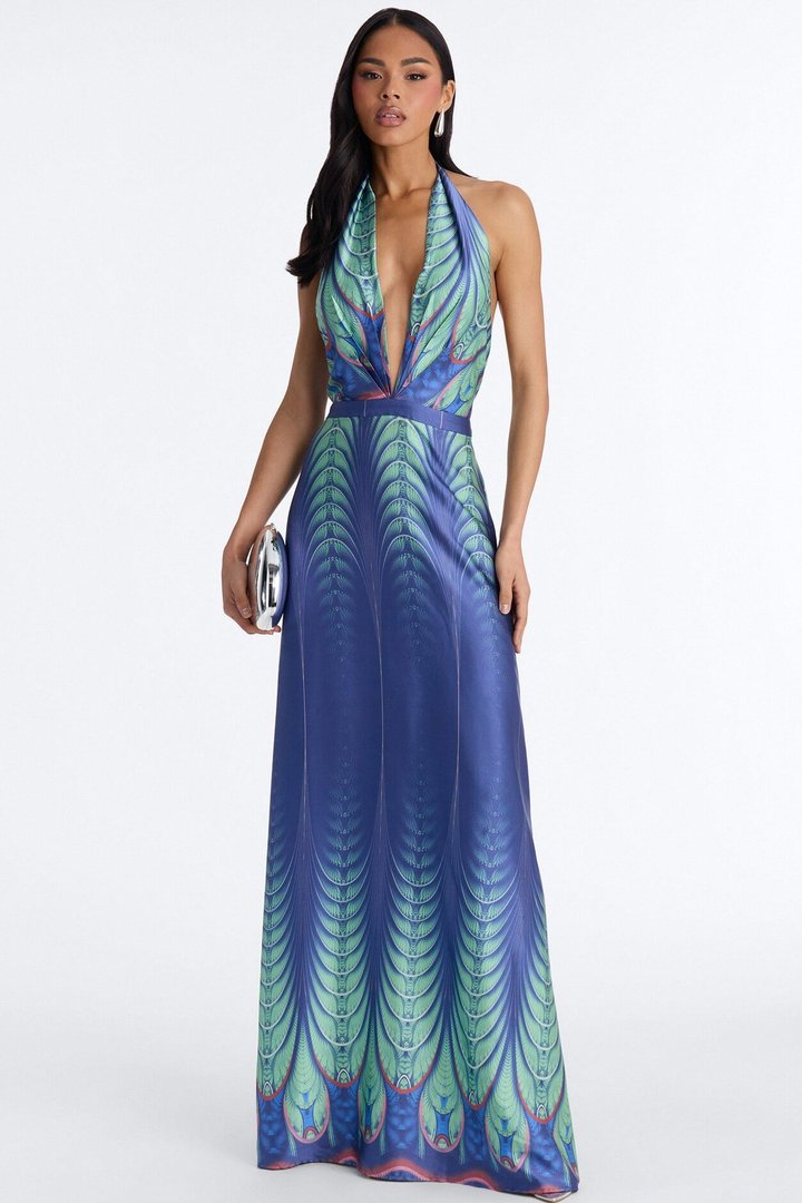Leanna Backless Satin Maxi Dress - Blue/combo