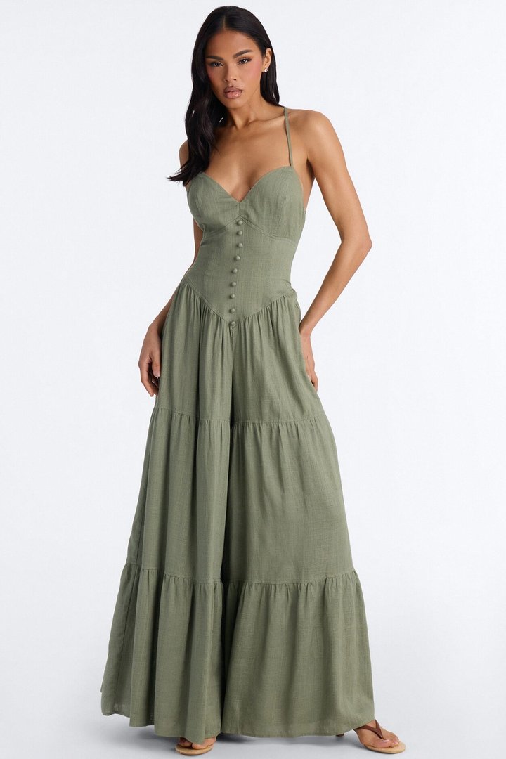 Belle Denim Tiered Wide Leg Jumpsuit - Olive