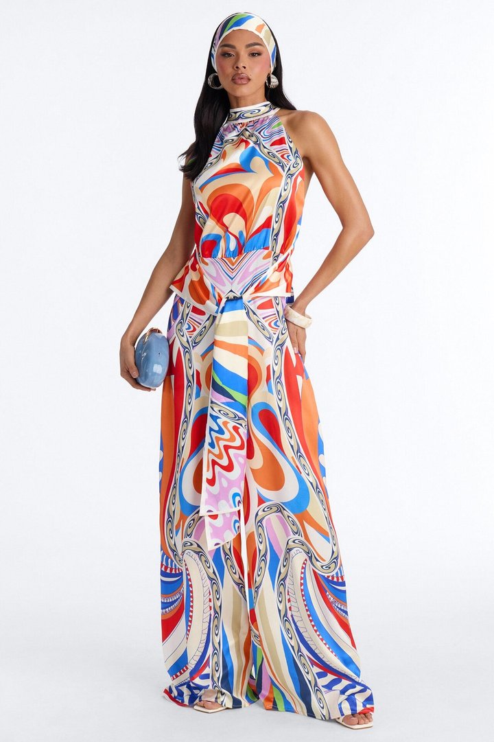 Painted Dream Abstract 2 Piece Satin Jumpsuit - Multi Color
