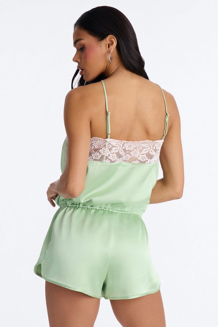 Mel Satin Lace Trim Micro Romper - Sage