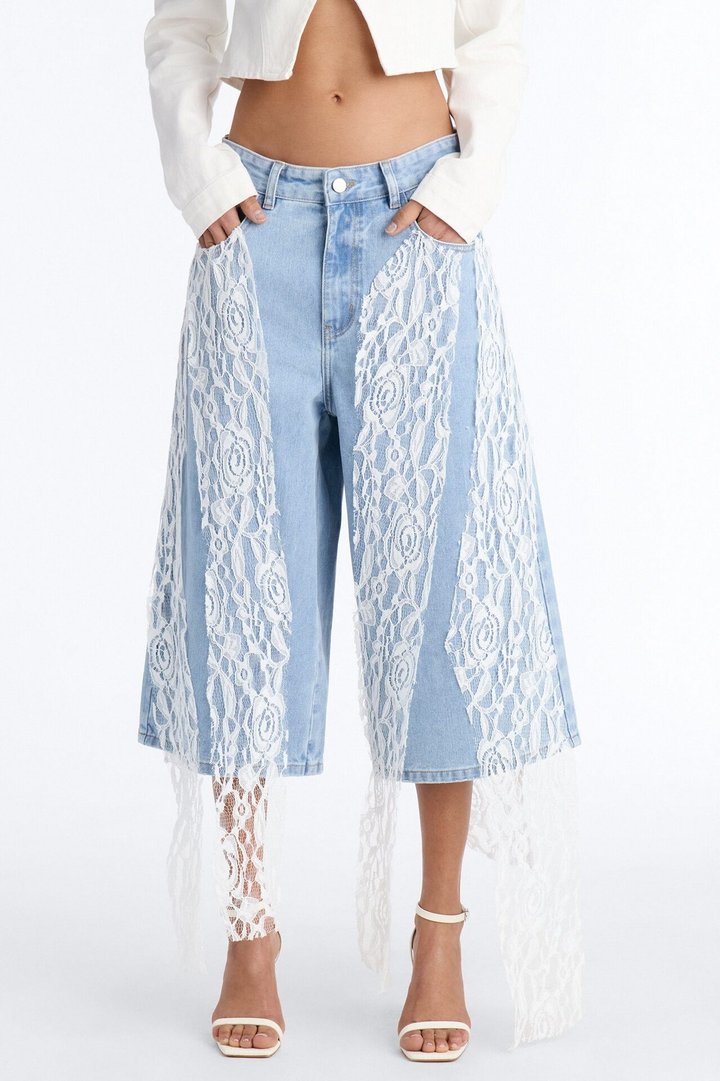 Delicate Dreams Lace Trim Culotte Jeans - Light Wash