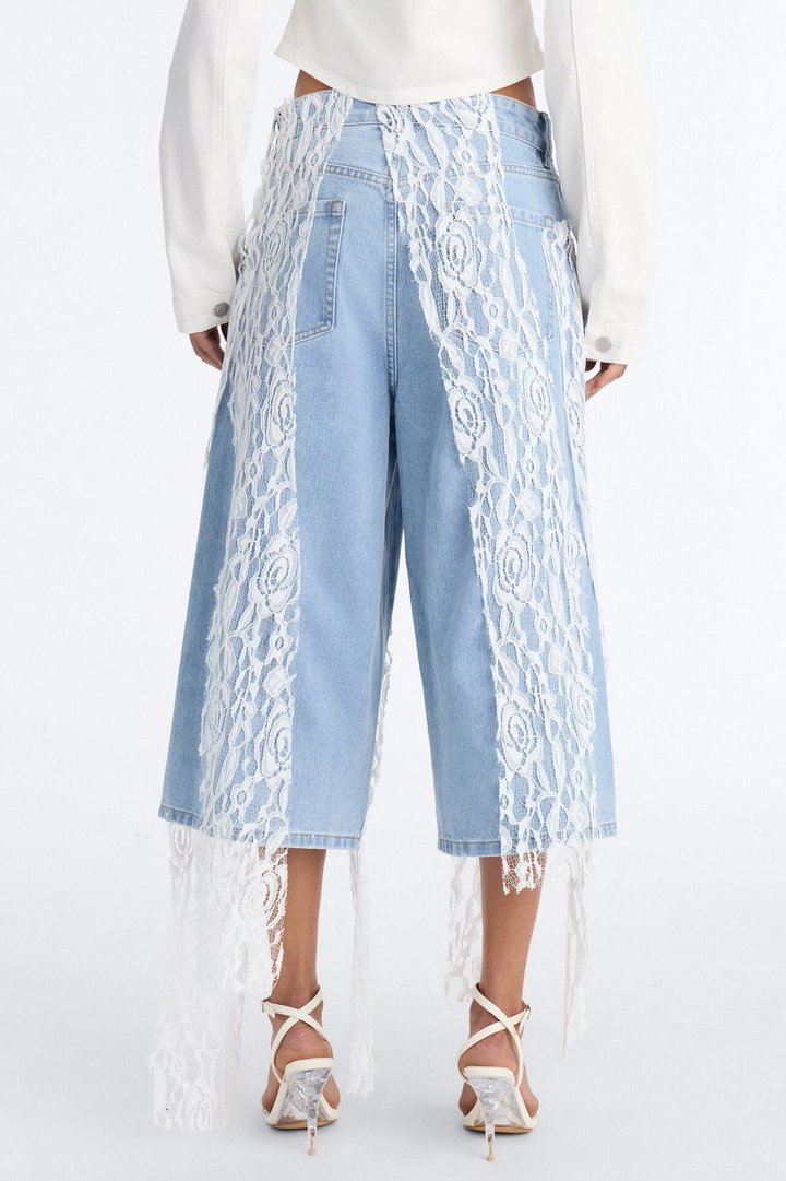Delicate Dreams Lace Trim Culotte Jeans - Light Wash