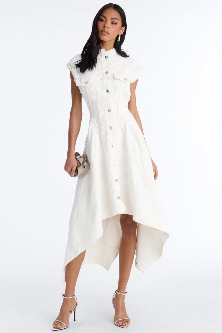 Dolly Button Up Denim Midi Dress - White