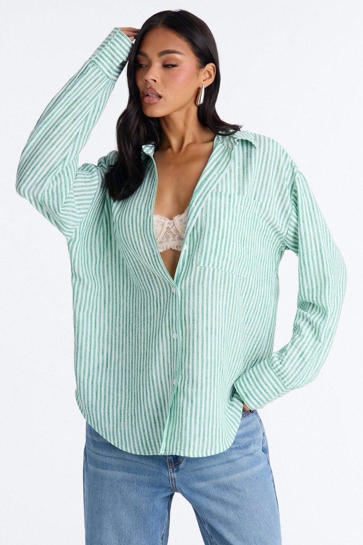 Fresh Cuteness Striped Linen Shirt - Green/combo