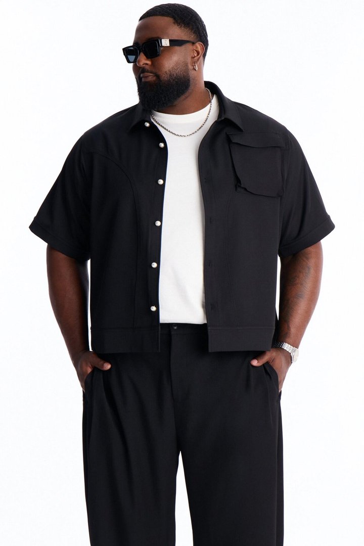 Pearl Paneled Utility Button Up Shirt - Black
