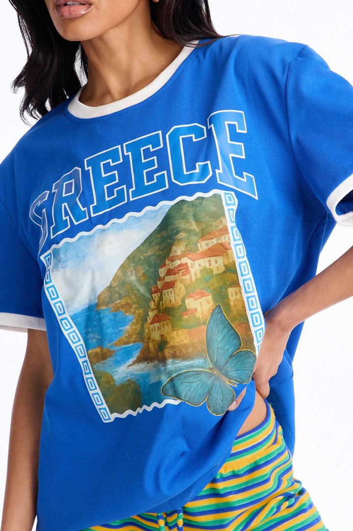 Greece Oversized Ringer Tee - Blue